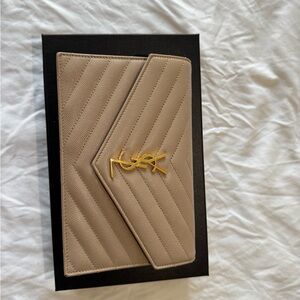 YSL Beige Quilted Clutch with Gold Logo